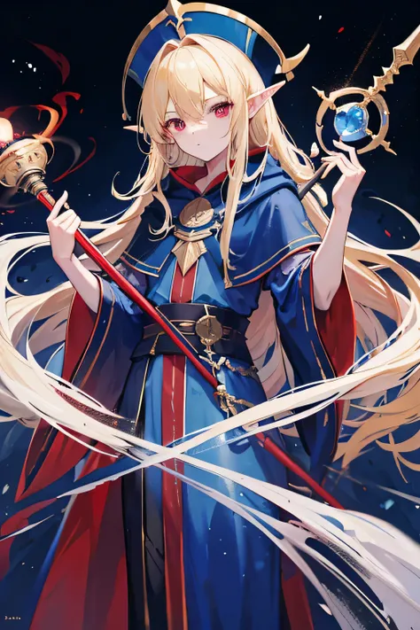 1 boy, long blonde hair, red eyes, holding staff, wearing blue robes, mage, robes covering head, dark background, light rings around head, elf, absurdres, high res, ultra sharp, 8K, masterpiece, looking sideways