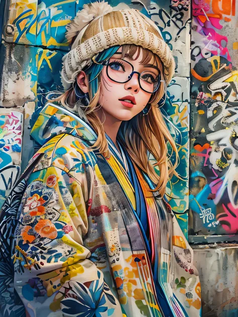 8K quality, watercolor painting, stylish design, (((The strongest beautiful girl of all time))), (((Japanese)))、clear, stylish glasses, Fashionable hats, (((highest quality))), bob hair, Place your hands on the wall, HDR, ((Detailed details)), stylish fash...