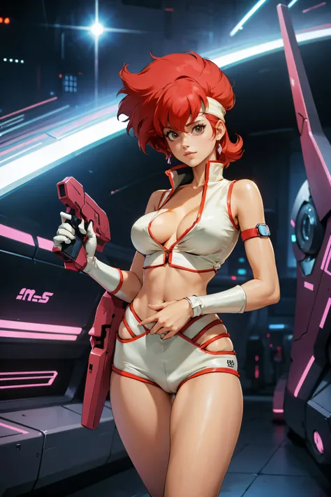 Kei from The Dirty Pair, , wearing a tight outfit, skimpy, legs, medium breast, red hair beauty, cyberpunk city background, holding retro space-gun, headband, slim waist, slim thighs, thigh gap