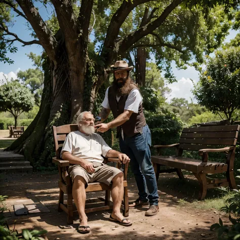 An inspiring place where a large tree shows the most incredible scene of a 90-year-old man with a long beard and medium-short hair , he is cutting the hair of a handsome young man , the chair is very old,  his razor and accessories too and they are on a pi...