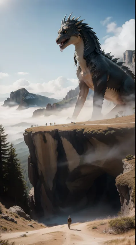 (best quality,4k,8k,highres,masterpiece:1.2),ultra-detailed,(realistic,photorealistic,photo-realistic:1.37),silhouetted hiker,standing atop,misty,mountain peak,confronting majestic dragon,golden sunlight,dragon wings spanning,clouds,ethereal,illuminated,un...