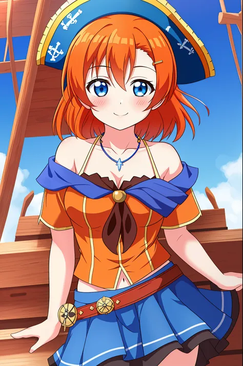 masterpiece, best quality, wallpaper, cowboy shot,kousaka honoka, orange hair,blue eyes, blue off shoulder t-shirt, front tie,necklace,on pirate ship, cute smile , hair ornaments, blushing ,(big breasts:0.8) , skirt, pirate hat