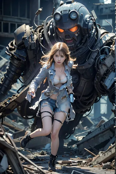 (((RAW image quality:1.4))), movie heroine "black mechanical squid". A woman is chased by a huge space monster with many glowing blue eyes..., cute japanese woman、Desperately escape from a giant space monster in a devastated metropolis.., 14 years old, mes...