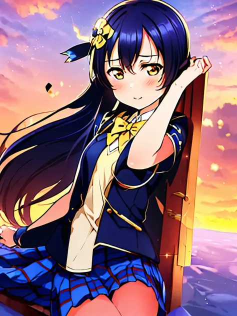 (masterpiece, best quality, ultra-detailed), (illustration), (beautiful detailed eyes), (1girl), (solo), sonoda umi, blue hair, yellow eyes,  skirt, sitting, jacket, blue bow, blazer, winter uniform, blue bowtie, otonokizaka school uniform, outdoors,