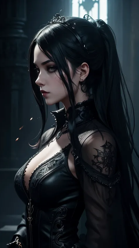 Goth girl,fancy, intricate,half body portrait,, digital art, 8k resolution concept art, Beautiful Composition, cinematic, concept art, breathtaking, splash art, high contrast, ultra detailed,, 8k resolution trending on Artstation