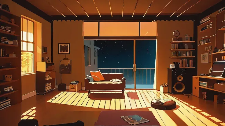 create a dreamy lofi banner depicting a cozy room with warm lighting, scattered vinyl records, and silhouettes of people enjoyin...