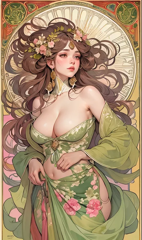 ((masterpiece)), (best quality), (Work),  Art Nouveau watercolor painting , moon goddess  , big breasts，robe，thong，show your neck，bare shoulders，Show belly button，exposed camel toe，Plum blossom tattoo on butt，big eyes, long, thick eyelashes, plump lips, da...