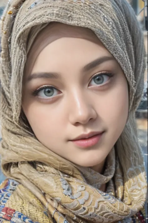 (best quality,4k,highres),vivid colors,close-up,beautiful detailed blue grey eyes,beautiful detailed lips,detailed eyelashes,expressive face, skinice soft face,confident expression,young indonesian muslim woman,simple hijab fashion,colorful background,styl...