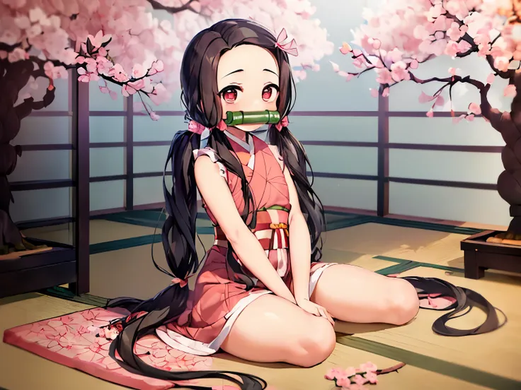 (((Masterpiece)). Kamado Nezuko, bit gag in place, looking shy with her bashful expression, bites her lower lip as she peeks at the viewer. Her long, black hair is tied up in two pigtails with pink ribbons. A 5-year-old chibi character with a cute, two-ton...