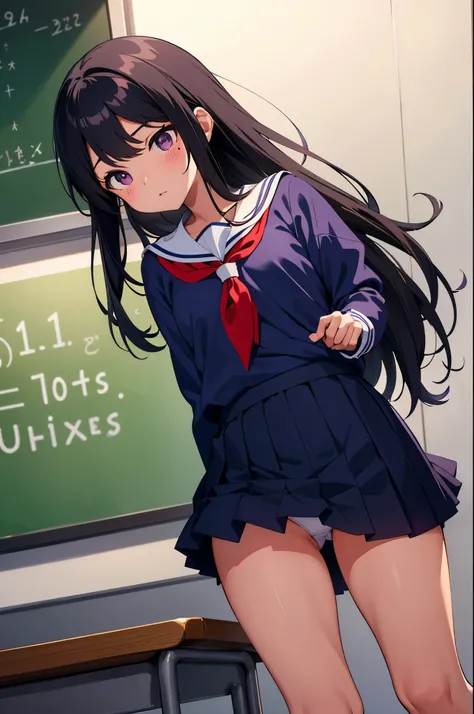 school classroom　elementary school girl　8-year-old　flat chest　black hair　long hair　eyes are purple　embarrassed look（（1 person））　White upper body long sleeve sailor uniform　Lower body navy blue miniskirt　white panties　She stands in front of the blackboard a...