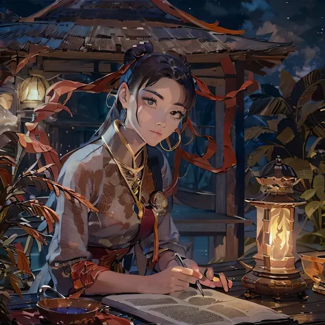 Photo of a beautiful girl in traditional Chinese dress, Looking at an ancient Chinese book under a lamp on a low table in the garden, surrounded by old walls on a quiet night,((her right hand is holding a pen, and the left hand lies on the table)),((Master...