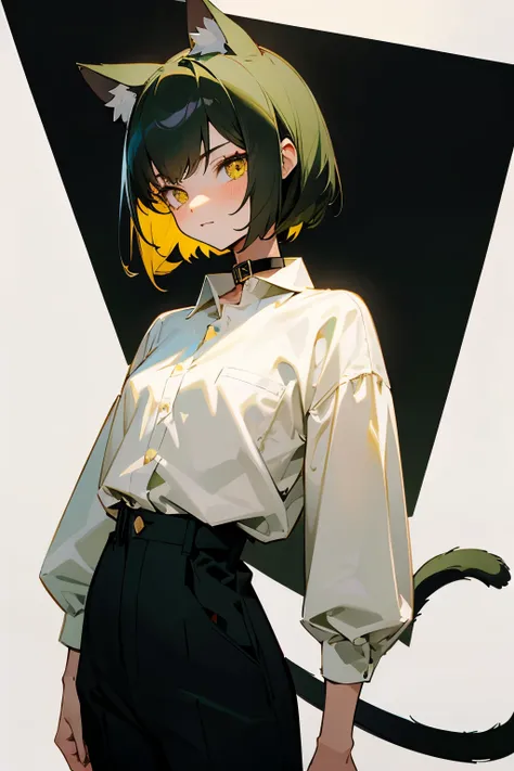 Cute girl, short dark green hair, yellow eyes, cat ears, cat collar, cat tail, white shirt, long black pants, beautiful slim waist,