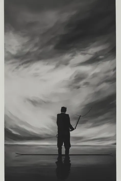 Black and white painting of a man&#39;s back fishing