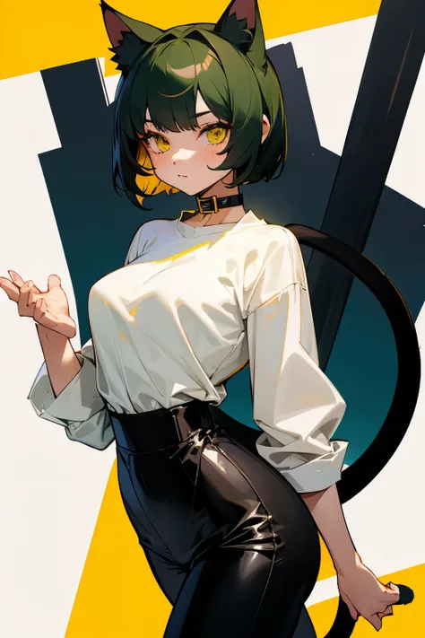 Cute girl, short dark green hair, yellow eyes, cat ears, cat collar, cat tail, white shirt, black long tight pants, beautiful slim waist, medium breasts 