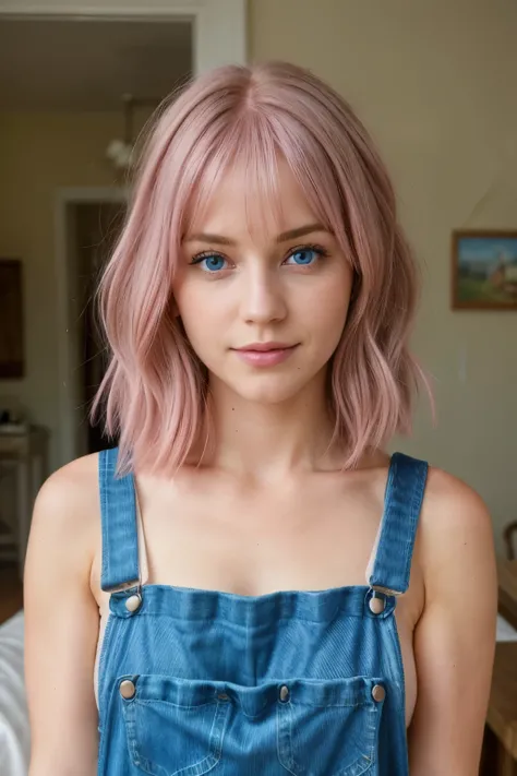 masterpiece, best quality, pink hair, blue eyes,, masterpiece, best quality, short wavy hair, overalls