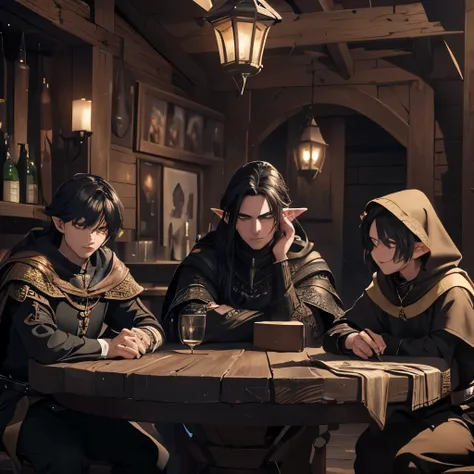 3boy elfs, black hair and yellow eyes, wearing black hoods with medieval and noble features, sitting around a round table facing the viewer, with a medium camera distance to see the surroundings and the feet of the 3boy elfs young, medieval tavern backgrou...