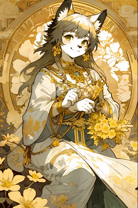 monochrome, watercolor, highres, top quality, best quality, paid reward available, High-quality illustrations by Alphonse Mucha, unparalleled masterpiece, perfect artwork, absurdres, 1girl, kemono, furry, detailed body fur, animal face, animal hand, Archai...