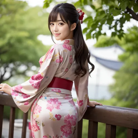 Best-quality, Masterpiece, Ultra-High-Resolution, (Photorealistic:1.4), Raw-Photo, 1girl, the most famous Japanese idol, wearing Japanese-KIMONO, ((upturned ass that wearing Japanese-KIMONO)), looking at viewer, innocent-smile, (the most cute face, ((the m...