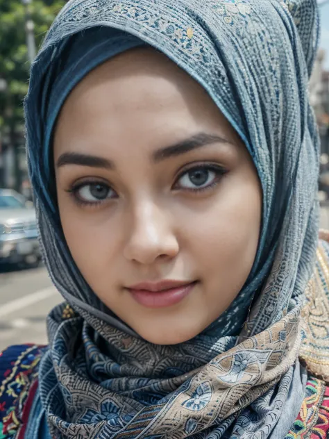 (best quality,4k,highres),vivid colors,close-up,beautiful detailed blue grey eyes,beautiful detailed lips,detailed eyelashes,expressive face, skinice soft face,confident expression,young indonesian muslim woman,simple hijab fashion,colorful background,styl...