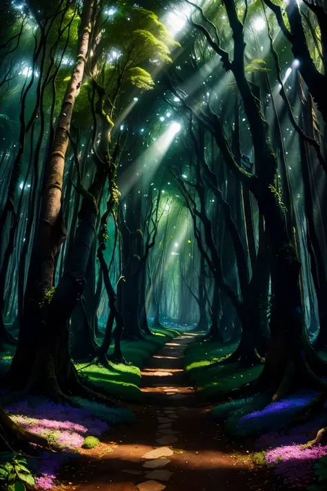 Picture a magical forest, illuminated by the soft glow of sunrays filtering through the dense canopy of trees. The air is filled with a sense of enchantment and wonder, as the forest comes alive with the sounds of chirping birds and rustling leaves.

Imagi...