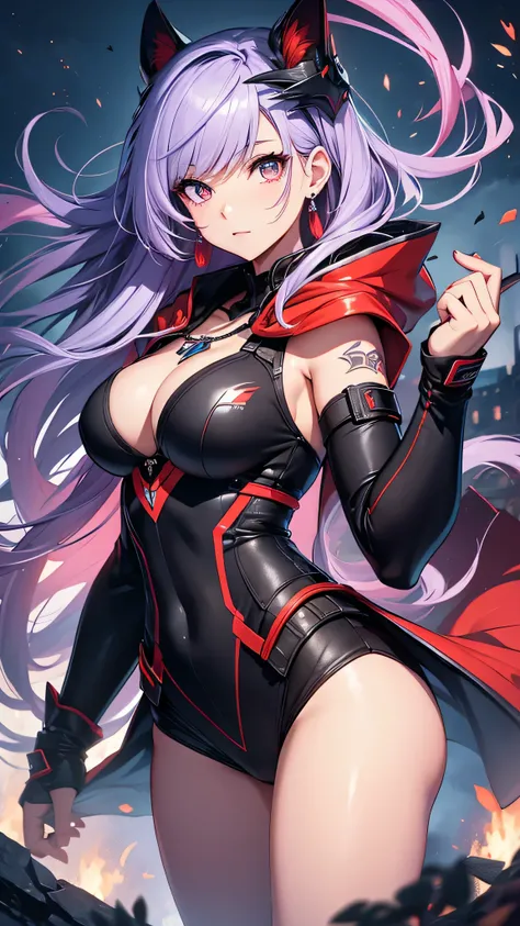 最high quality、best image quality、masterpiece、girl((20-year-old、 By becoming、vest bust、medium bust,wide open breast tea、shining eyes, neon hair、long hair、thin,highest valley、Black Hero Suit、Red Hero Mask、blue cloak、scream、full body tattoo,diamond earrings、W...