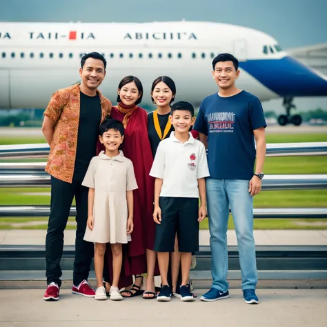 family photo portrait, 30 year old father wearing a long batik calana shirt, shoes, 30 year old wife with long shoulder length hair, wearing a hooded long pants, haq shoes, 2 boys aged 5 and 6 years, 1 girl aged 3 years, they all stand and smiled, looking ...