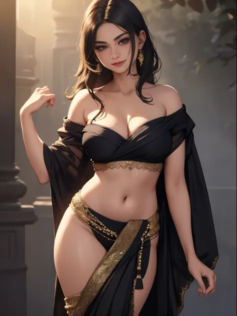 Best quality, masterpiece, ultra high res, (photorealistic:1.4), raw photo, 1girl, offshoulder, in the dark, deep shadow, low key, cold light,wearing a traditional saree, [huge breasts: 1.5] , large , barely covered , seductive smile, pokies