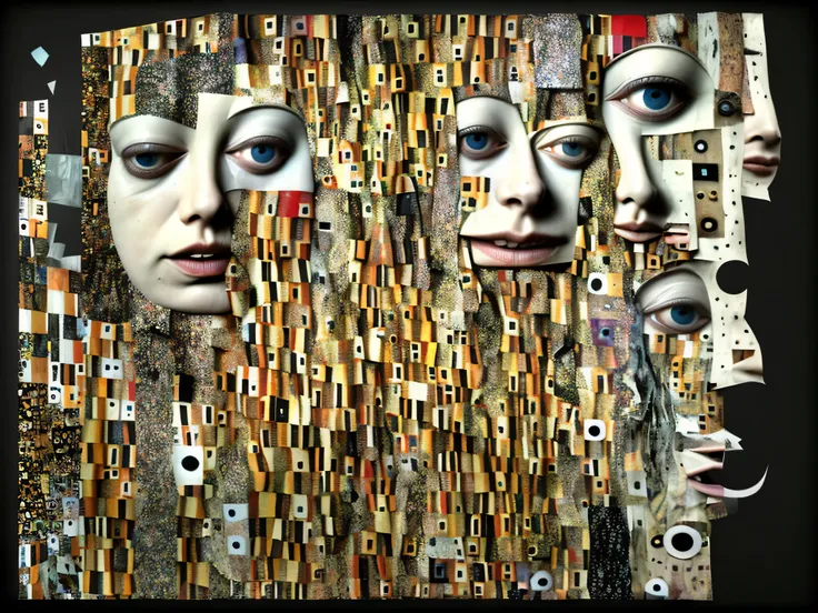 ultra surreal collage of suffering abstract faces and bodies deformed and growing from each other to infinity on a white plane full of pieces of torn newspaper and magazine clippings, vintage Klimt style, Super-detailed, Ultra-realistic, Studio Quality, 48...