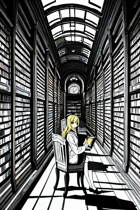 Books stacked in the center of the hallway of a huge library with chairs on top of them、Composition that looks like a manga cover with a blonde Western doll sitting on a chair