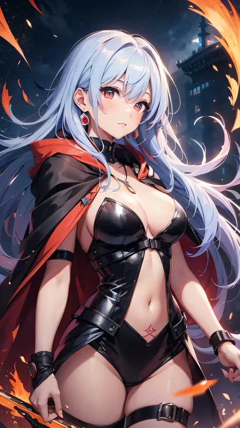 最high quality、best image quality、masterpiece、girl((20-year-old、 By becoming、vest bust、medium bust,wide open breast tea、shining eyes, neon hair、long hair、thin,highest valley、Black Hero Suit、Red Hero Mask、blue cloak、scream、full body tattoo,diamond earrings、W...