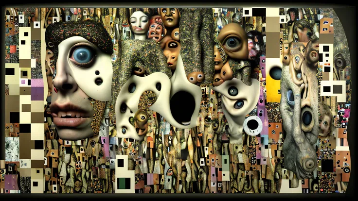 ultra surreal grotesque collage of suffering abstract bizarre bodies deformed and growing from each other to infinity on a white plane full of pieces of torn newspaper and magazine clippings, vintage Klimt style, Super-detailed, Ultra-realistic, Studio Qua...