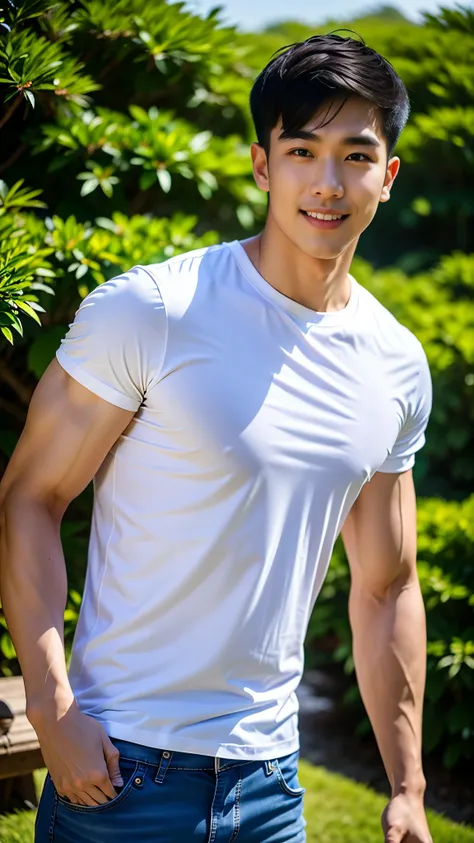 1 man, smile, (wear a white round neck shirt., short sleeve shirt ยี่ห้อ under armor), jeans, korean guy , korean men, (lifelike...