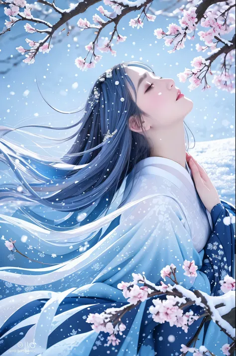 Illustration of a fantastic and enchanting snow woman, Characters from Japanese folk tales, Set against the backdrop of a row of cherry blossom trees swirling with a cherry blossom blizzard. she has been for a long time, Shining silver hair waving in the c...