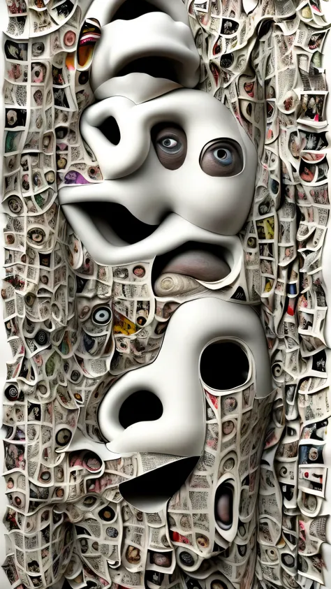 ultra surreal hyper-realistic grotesque collage of suffering abstract bizarre bodies deformed and growing from each other to infinity on a white plane full of pieces of torn newspaper and magazine clippings, Da Da style, Super-detailed, Ultra-realistic, St...