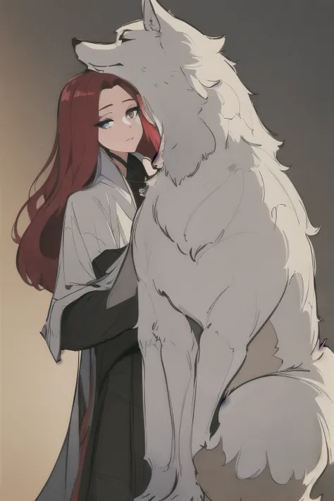 ((Best quality)), ((Masterpiece)), (detailed), Cursed noblewoman, half-wolf, height 169 with, long red hair and blue eyes. She is used to being afraid of her and therefore she is withdrawn. cold and arrogant. Turns into a big red wolf, when she is a human ...