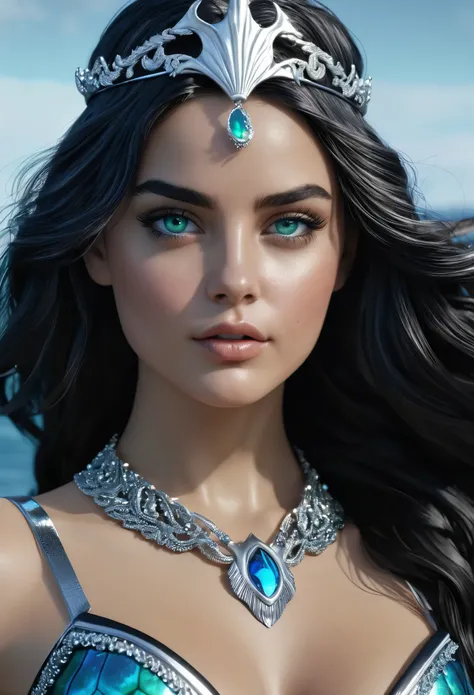 (detailed realistic,8k,highres,masterpiece:1.2) (A sexy beautiful female superhero who is a demigoddess , blue green eyes and long dark wavy hair, she wears a silver tiara on forehead , She wears a blue and black outfit with a fish scale like texture sleev...