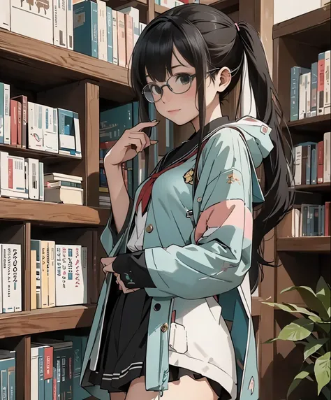 (masterpiece、highest quality、highest quality、official art、beautiful beautiful:1.2)、(1 girl:1.3)Hatsune Miku、twin tails,big breasts,(Portrait of a female college student wearing round glasses, wearing a blouse, have a book, standing in a library with booksh...