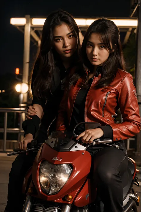 Create an image of a twenty-three-year-old handsome girl in a Korean-style red jacket riding a tall Asus motorcycle, with a tiger riding on the back seat of she motorcycle. 8K high definition image. Night light.