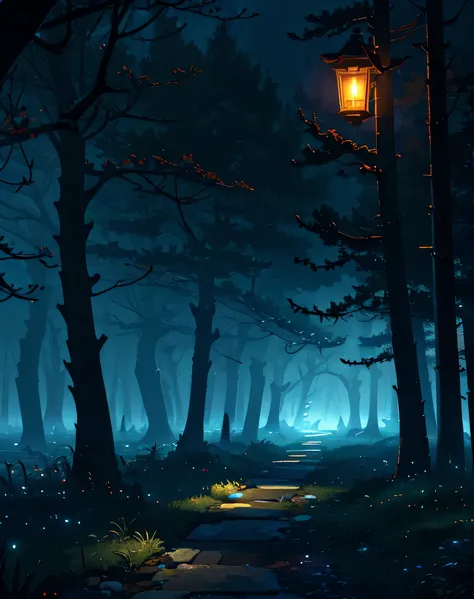 lonely path, darkness, edge of deep forest, lantern, foggy night, (masterpiece, best quality: 1.2)