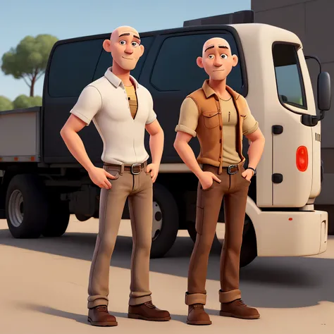 Describes a short, bald white man, with a brown busto and a jean, that the man is standing in front of a big truck