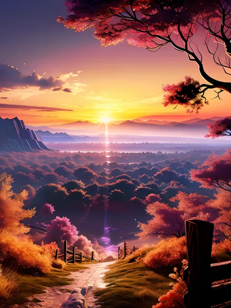 Expansive sunrise landscape photo (from below) Majestically opening up, Sky above ablaze with radiant hues, Open fields below dotted with vibrant flowers (best quality, 4k, super detailed), 1.1 Meteor trailing bursts of light, 1.3 Nebula shrouded in ethere...