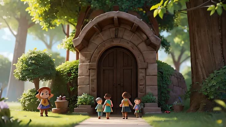 a group of kids in a fantasy world with a magical portal, everything is magical, the ambience has a magical flair, photo realistic, high details, best quality, 4k