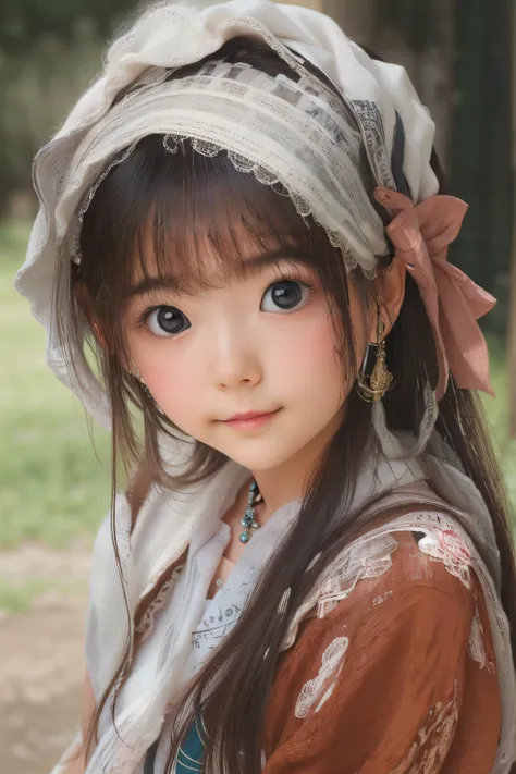 ((sfw: 1.4, detailed face)), (sfw,She is wearing a long white embroidered skirt, a red blouse with lace, a white apron tied around her waist, blue socks, and brown leather shoes.A blue scarf is on her head. Yes, her accessories include necklaces, earrings,...