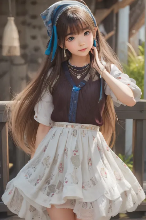 ((sfw: 1.4, detailed face)), (sfw,She is wearing a long white embroidered skirt, a red blouse with lace, a white apron tied around her waist, blue socks, and brown leather shoes.A blue scarf is on her head. Yes, her accessories include necklaces, earrings,...