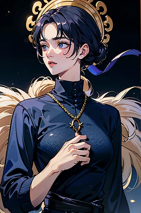 ((upper body)) ((best quality)) ((dark blue hair)) ((wayv hair)) ((pearls hair tie)) ((gold)) ((turtleneck dress))