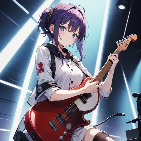 (T Masterpiece，4k wallpaper，best quality))、((girl１people))、(solo)、Shining and vivid，(purple hair)、(shortcut:1.3)、smile、music、guitar