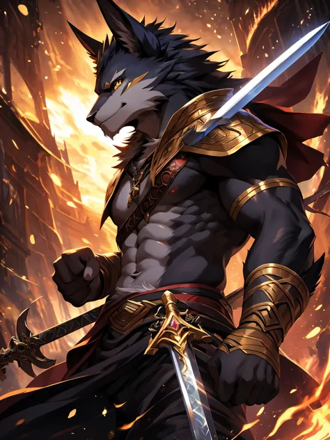 posted on e621, (by Chunie), male, Anubis anthro, Solo, Yellow eyes, (Realistic eye details 1.2), anime character with great sword in hand and a large circular light, advanced digital anime art ”, inspired by Okumura Masanobu, badass anime 8 k, key anime a...