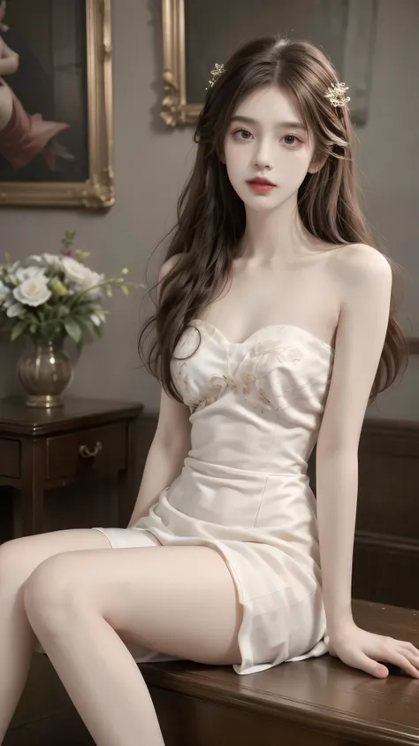 lifu, lifu,strapless dress, ((full body)), ((Random viewing Angle shooting)), sitting position, Film portrait photography, girl, 1 girl, leg mold, bare shoulders, The skirt is very short, Shoulder length wavy hair, plump breasts, cleavage, Slender sexy leg...