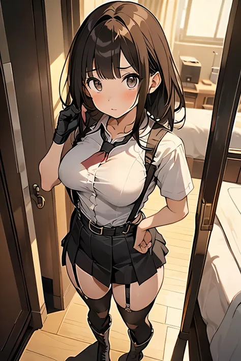 brown hair、looking at the viewer　　suspenders　　　big swollen breasts　　 　 　　　　black mini skirt　garter belt　knee high socks　　　　　　aer...