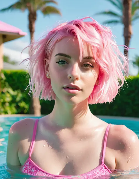 blond woman with pink hair in a pool with palm trees, pink hair, alexa grace, with pink hair, light pink hair, short pink hair, cute girl with short pink hair, pink skin, pastel overflow, flowing pink hair, kailee mandel, in water up to her shoulders, pink...